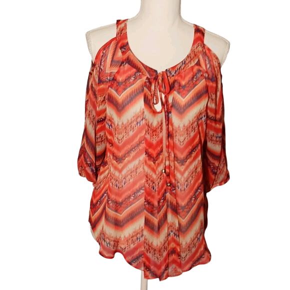 By & By Top Sheer Cold Shoulder Short Sleeve Keyhole Orange Women's Medium EUC - Picture 1 of 10